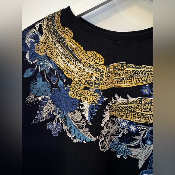 Zara Unique Black Top with Gold, Blue, White, Silver Accents Crocodiles/Flowers - Picture 4 of 6